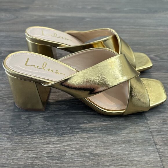 NEW Lulus SZ 8.5 Ybarra Gold High Block Heel Sandals Metallic Vegan Criss Cross - Picture 6 of 10